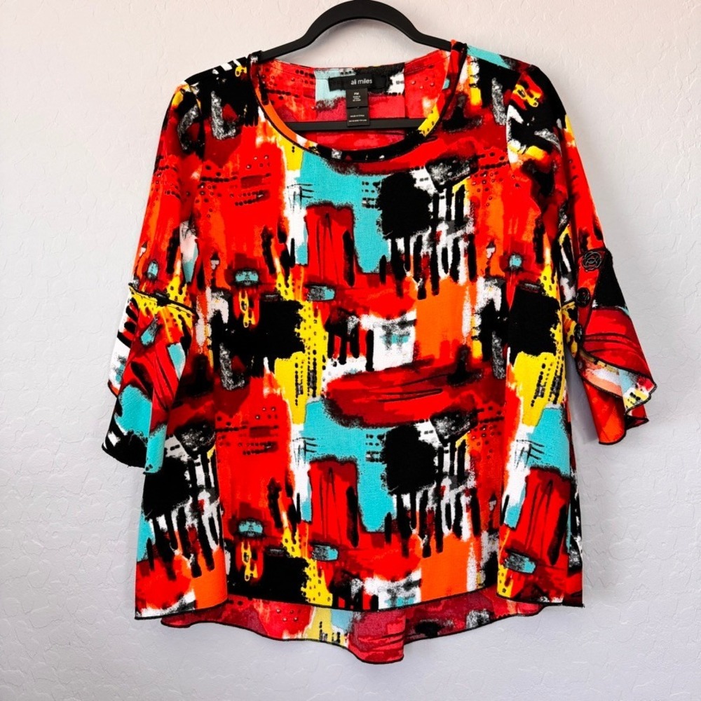 Ali Miles PM Petite Medium Blouse Red Multi Elbow Sleeve Abstract Rose Button